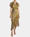 Santorelli Haley Cap Sleeve Faux Wrap Hi Lo Midi Dress In Printed Charmeuse