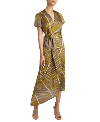SANTORELLI HALEY CAP SLEEVE FAUX WRAP HI LO MIDI DRESS IN PRINTED CHARMEUSE