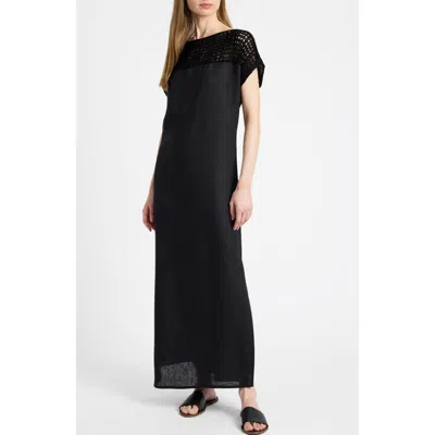 Santorelli Harmony Crocheted Cap Sleeve Linen Maxi Dress In Black