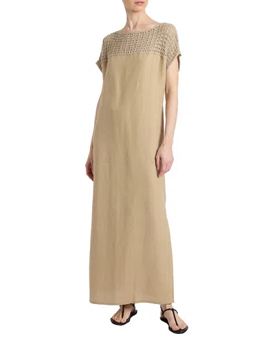 Santorelli Harmony Crocheted Cap Sleeve Linen Maxi Dress In Brown