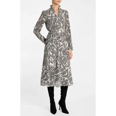 Santorelli Irina Ruffle-neck Buttoned Midi Dress In Onyx Multi