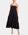 Santorelli Itzel Sleeveless Multi-tier Midi Dress With Shoulder Straps And Side Pockets In Cotton Poplin In Black