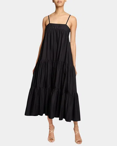 Santorelli Itzel Sleeveless Multi-tier Midi Dress With Shoulder Straps And Side Pockets In Cotton Poplin In Black
