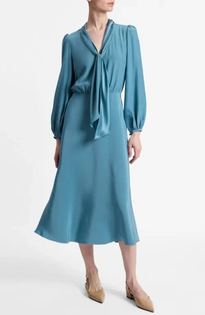 Santorelli Jenn Long Sleeve Silk Midi Tie-neck Dress In Blue