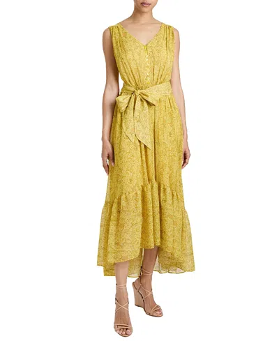 Santorelli Lanita Sleeveless Fit And Flare Hi Lo Dress In Printed Georgette In Chamomile Multi