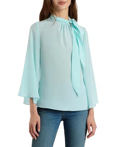 Santorelli Lena Tie Neck Blouse In Silk Crepe De Chine In Blue