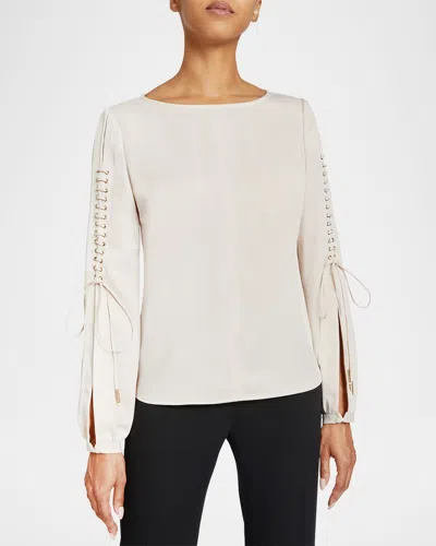 Santorelli Livi Lace-up Split Sleeve Top In Ecru