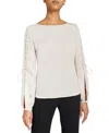 Santorelli Livi Long Sleeve Top With Grommet Detail In Fluid Crepe In White