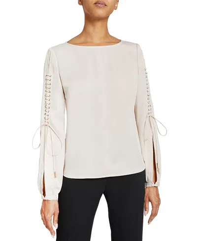 Santorelli Livi Long Sleeve Top With Grommet Detail In Fluid Crepe In White