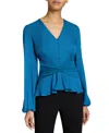 Santorelli Long Sleeve Blouse With Cinched Waist In Silk Georgette In Aquamarine