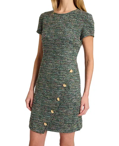 Santorelli Loni Short Sleeve A-line Dress In Luxury Tweed In Evergreen