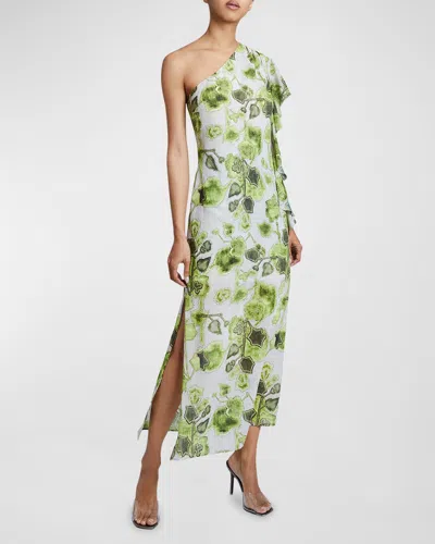 Santorelli Luna One-shoulder Floral-print Midi Dress In Moss