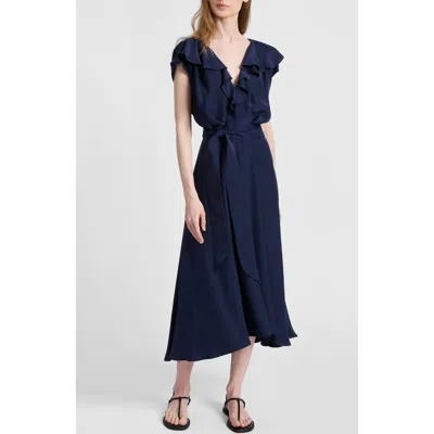Santorelli Mandy Ruffled Faux Wrap Silk Midi Dress In Blue