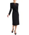 Santorelli Maya Long Sleeve Midi Dress With Dramatic Floral Applique In Stretch Crepe In Black