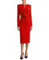 Santorelli Maya Long Sleeve Midi Dress With Dramatic Floral Applique In Stretch Crepe In Red