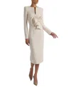 Santorelli Maya Long Sleeve Midi Dress With Dramatic Floral Applique In Stretch Crepe In White
