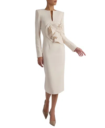 Santorelli Maya Long Sleeve Midi Dress With Dramatic Floral Applique In Stretch Crepe In White