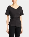 Santorelli Murphy Short Sleeve Wrap Top With Asymmetric Tucked Closure In Stretch Cotton Blend