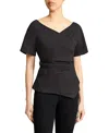 Santorelli Murphy Short Sleeve Wrap Top With Asymmetric Tucked Closure In Stretch Cotton Blend