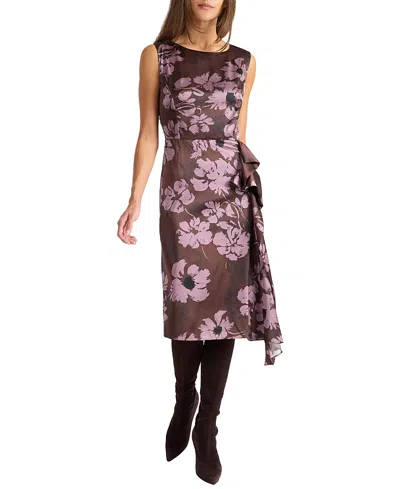 Santorelli Nica Sleeveless Dress With Side Ruffle In Floral Twill Crepe In Purple