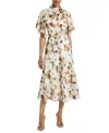Santorelli Niki Mock Neck Midi Dress With Short Cape Sleeves In Floral Georgette In Multi