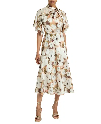 SANTORELLI NIKI MOCK NECK MIDI DRESS WITH SHORT CAPE SLEEVES IN FLORAL GEORGETTE