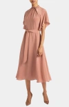 Santorelli Niki Silk Mock Neck Midi Dress With Short Cape Sleeves In Pink