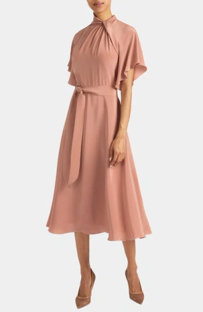 Santorelli Niki Silk Mock Neck Midi Dress With Short Cape Sleeves In Pink