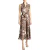 Santorelli Nirva Sleeveless Ruffle-neck Midi Dress In Abstract Floral Silk In Hickory Multi