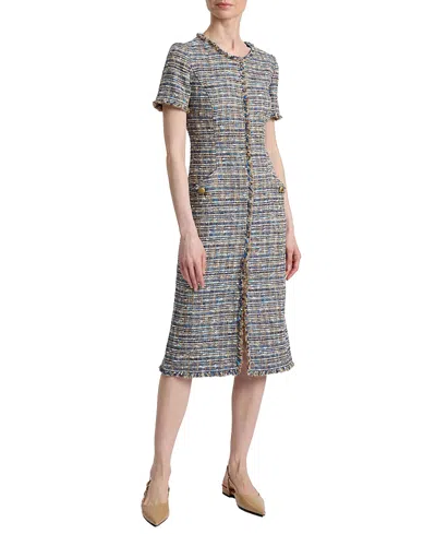 Santorelli Nisha Short Sleeve Midi Sheath Tweed Dress In Multi