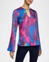 Santorelli Noa Cutout Abstract-print Charmeuse Blouse In Magenta Multi