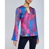 Santorelli Noa Cutout Abstract-print Charmeuse Blouse In Magenta Multi