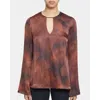 Santorelli Noa Long Sleeve Keyhole Silk Blouse In Hickory Brown