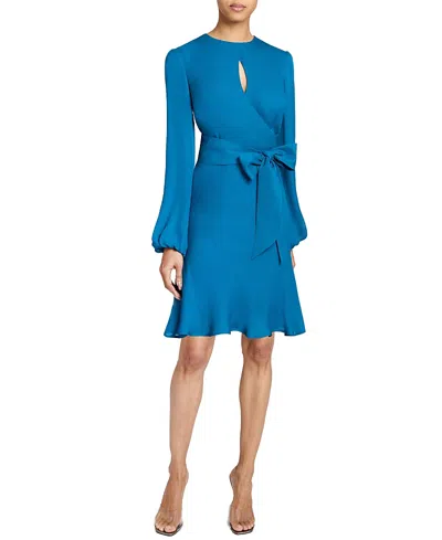 Santorelli Nola Long Sleeve Keyhole Knee-length Dress In Silk Georgette In Aquamarine