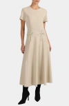 Santorelli Octavia Short Sleeve Dress With Leather Lacing Detail In Neutral