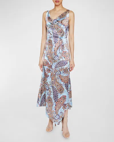 Santorelli Paisley-print Silk Charmeuse Midi Dress In Sky Blue
