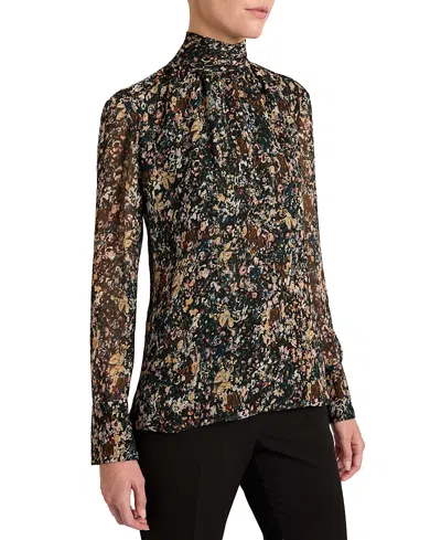 Santorelli Phoenix Mock Neck Blouse In Abstract Floral Georgette In Multi