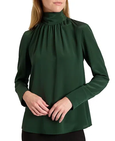 Santorelli Phoenix Mock Neck Blouse In Silk Crepe De Chine In Green