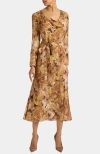 Santorelli Piper Long Sleeve Cowl Neck Dress In Floral Crepe In Brown