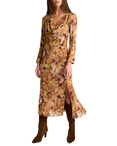 Santorelli Piper Long Sleeve Cowl Neck Dress In Floral Crepe In Brown