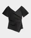 Santorelli Murphy Short Sleeve Wrap Top With Asymmetric Tucked Closure In Stretch Cotton Blend