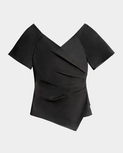 Santorelli Murphy Short Sleeve Wrap Top With Asymmetric Tucked Closure In Stretch Cotton Blend