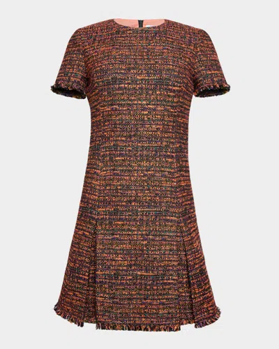 Santorelli Pleated Fringe-trim Tweed Dress In Orange Glow
