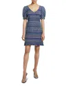 Santorelli Puff Sleeve Fringe Trim Shift Dress In Purple Multi