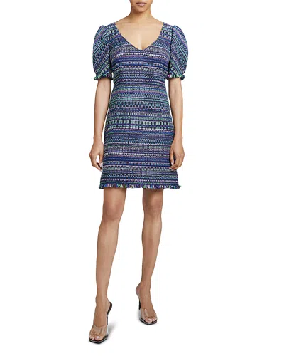 Santorelli Puff Sleeve Fringe Trim Shift Dress In Purple Multi