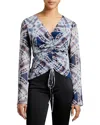 Santorelli Ravela Ruched Abstract-print Blouse In Grey
