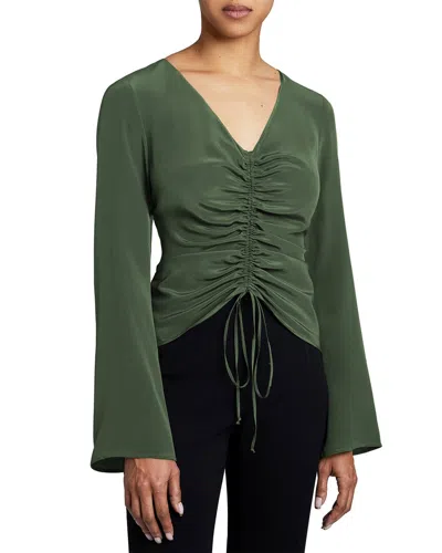 Santorelli Ravela Bell Sleeve Silk Blouse In Green