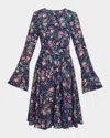 Santorelli Roni Long Sleeve Fit And Flare Dress In Stretch Floral Print In Blue
