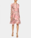 Santorelli Roni Long Sleeve Fit And Flare Dress In Printed Silk Chiffon In Pink