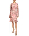 Santorelli Roni Long Sleeve Fit And Flare Dress In Printed Silk Chiffon In Pink